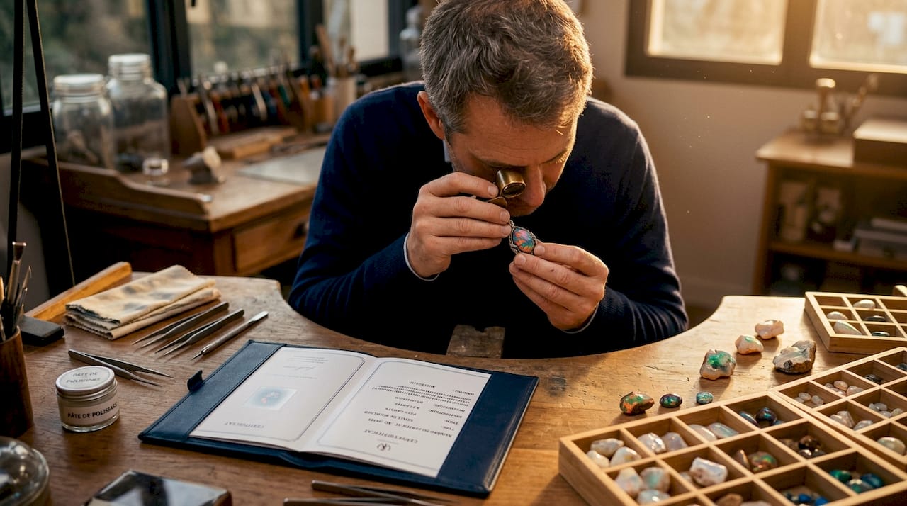 Un bijoutier examine attentivement un pendentif en opale à l’aide d’une loupe.