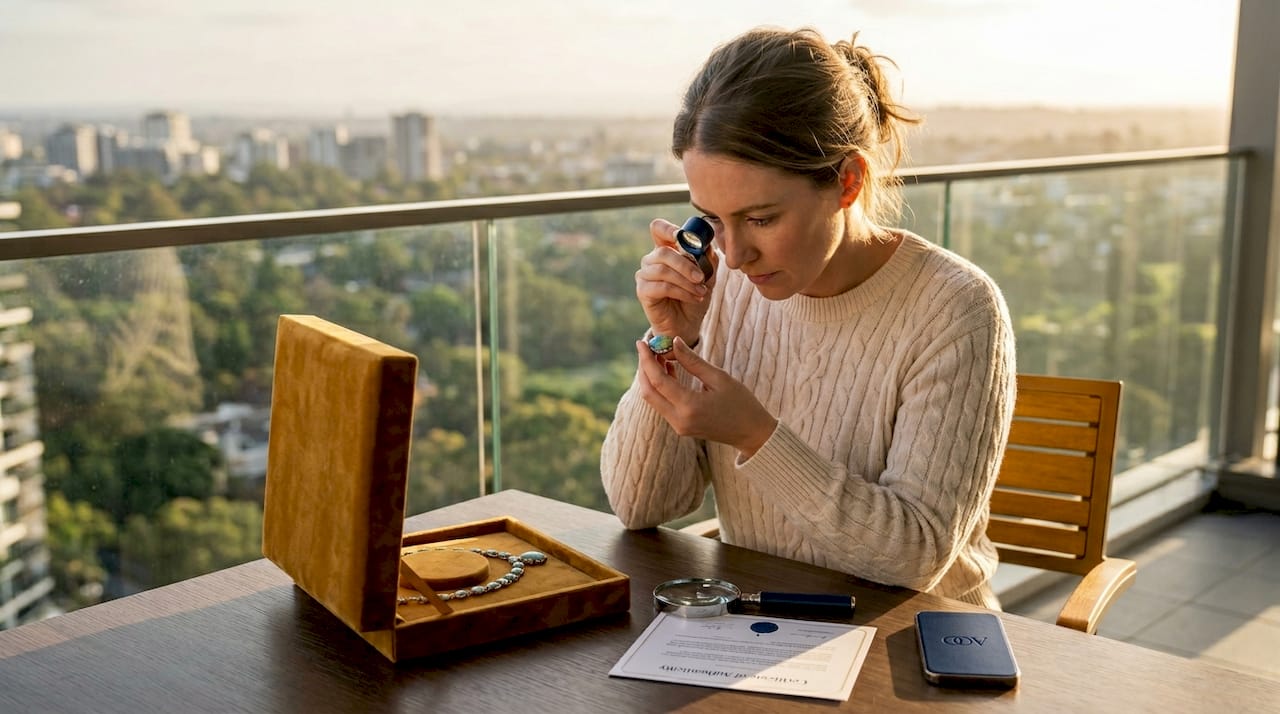 Woman examining limited edition opal necklace