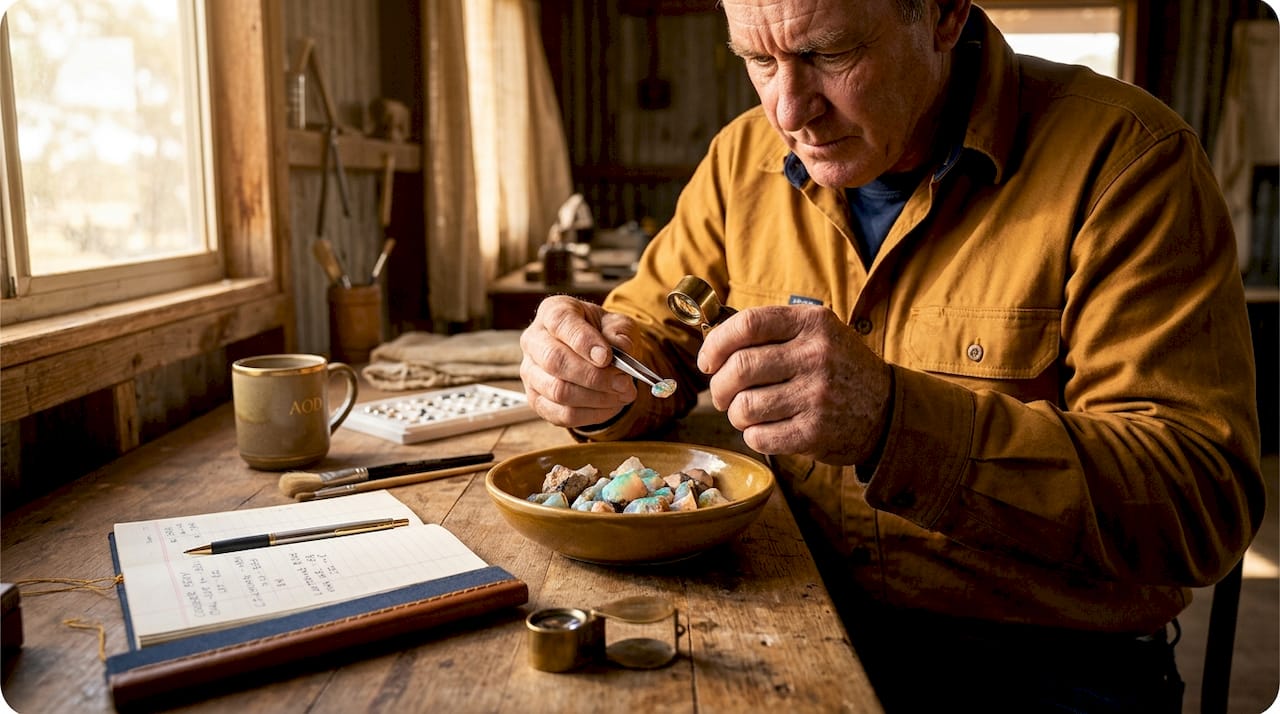 Opal miner sorting stones at rustic workbench