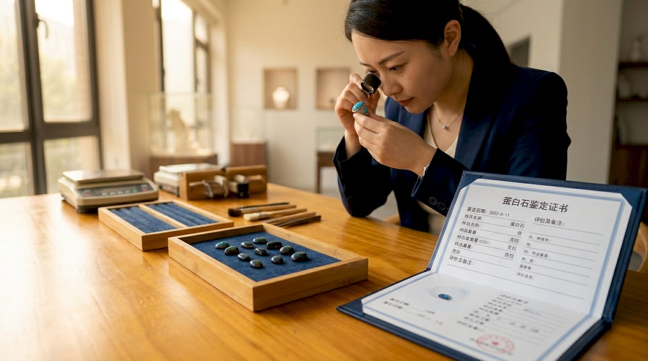 宝石鉴定师在工作室内对欧泊戒指进行真伪鉴定。