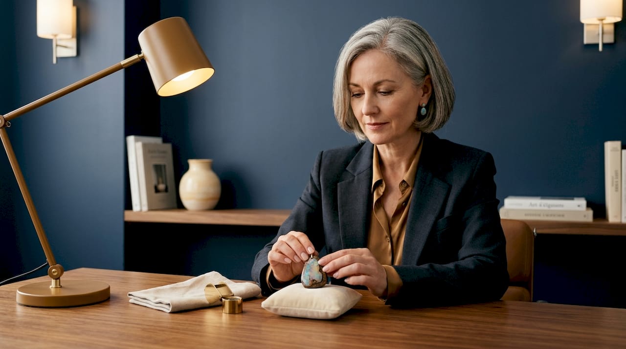 Un expert en joaillerie en pleine évaluation d’un pendentif orné d’une opale boulder.