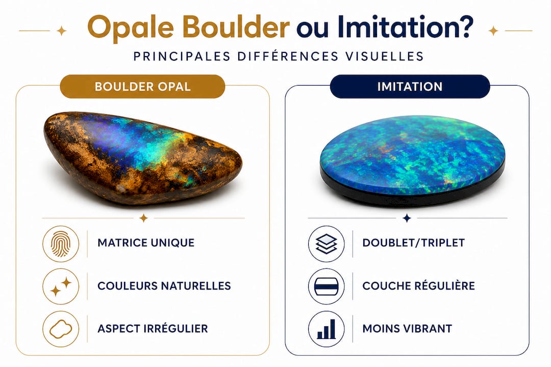 Infographie : les différences entre l’opale boulder naturelle et ses imitations