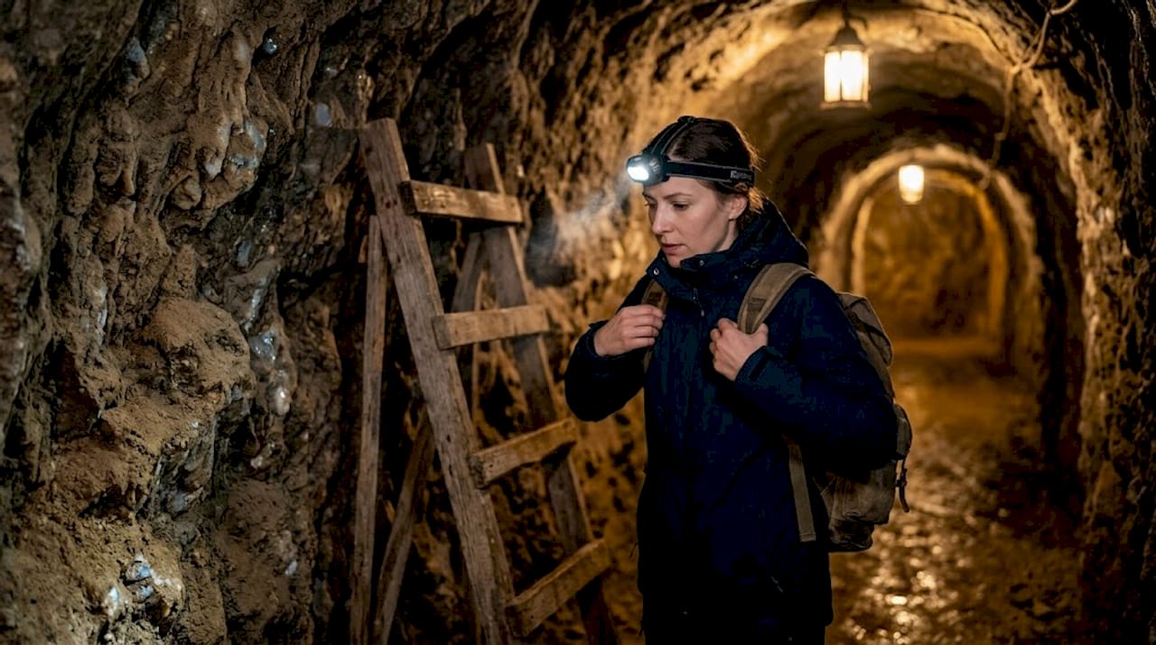Eine Frau erkundet einen schmalen, historischen Opalstollen.