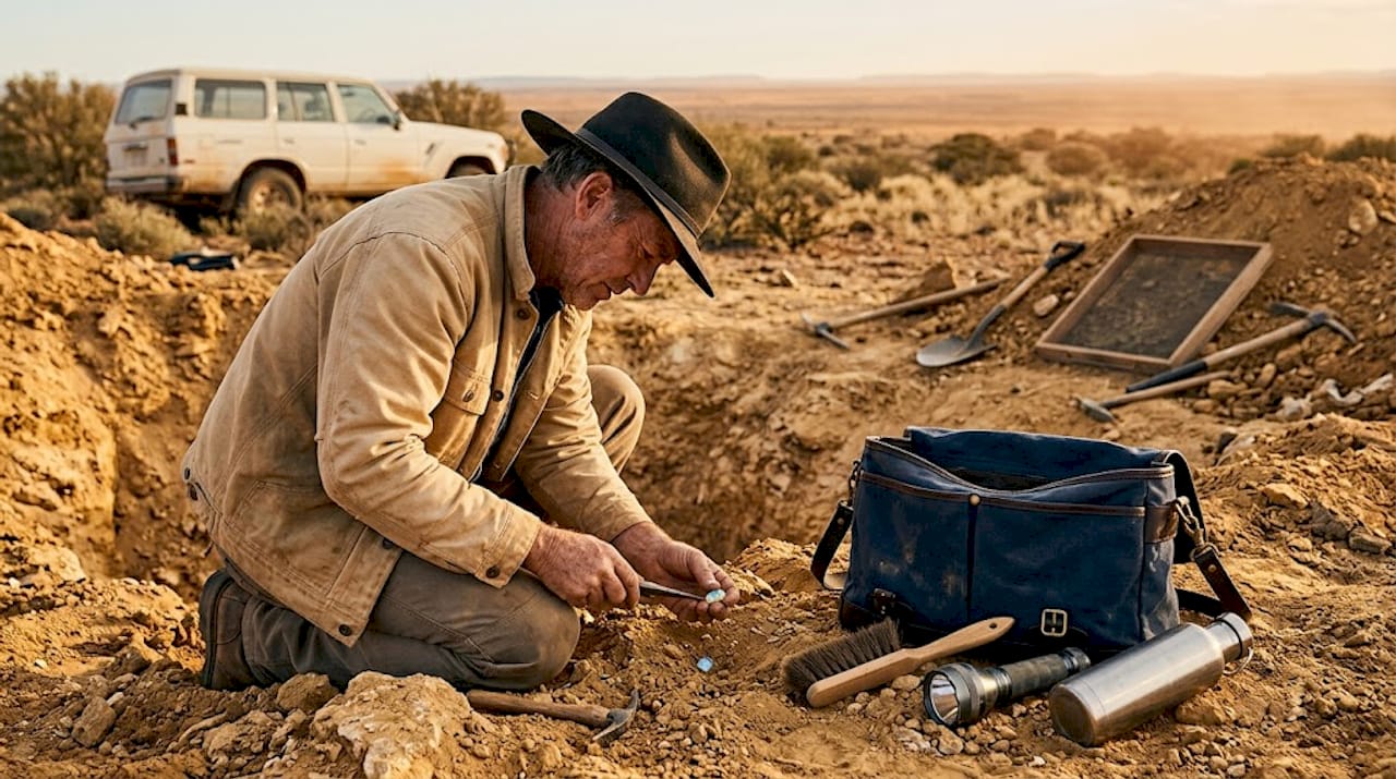 Ein Mann arbeitet in der Nähe des Eingangs einer Opalmine im australischen Outback.