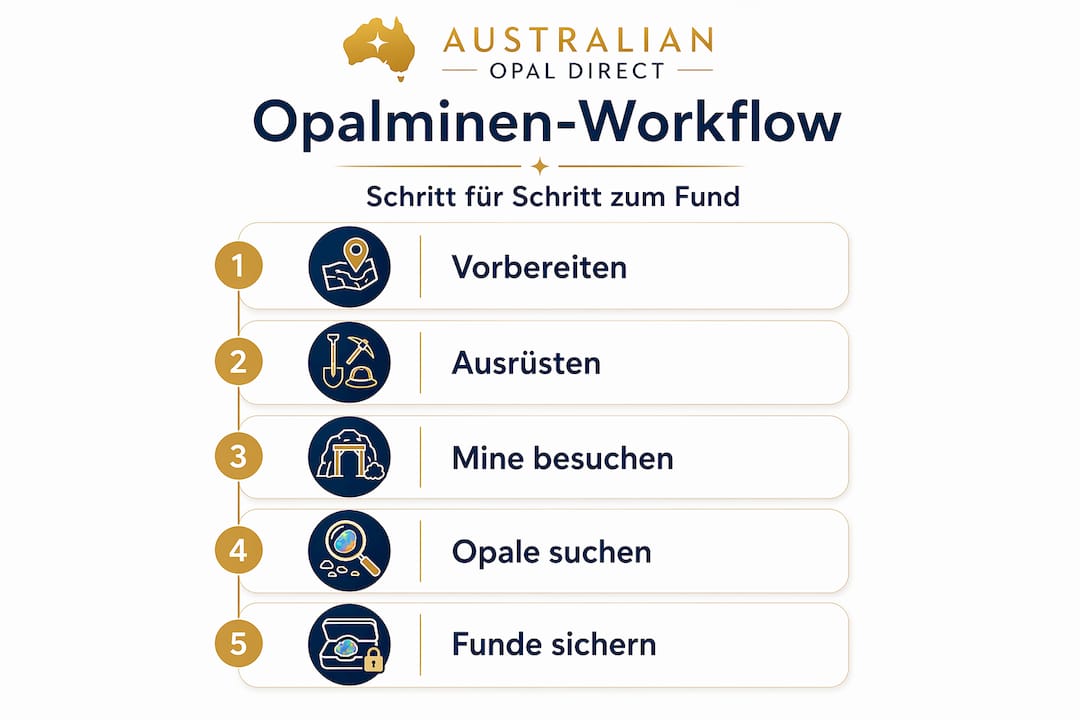 Der Arbeitsablauf in einer Opalmine anschaulich in fünf Schritten erklärt