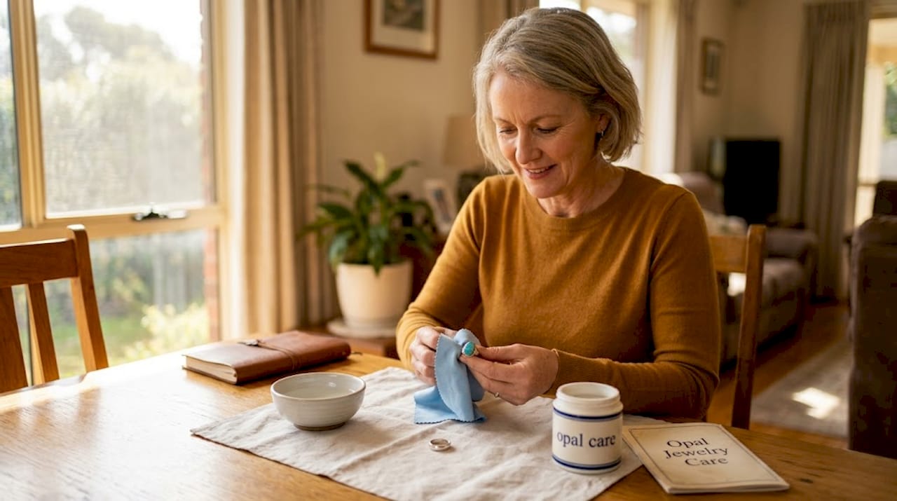 Woman caring for opal jewelry at home