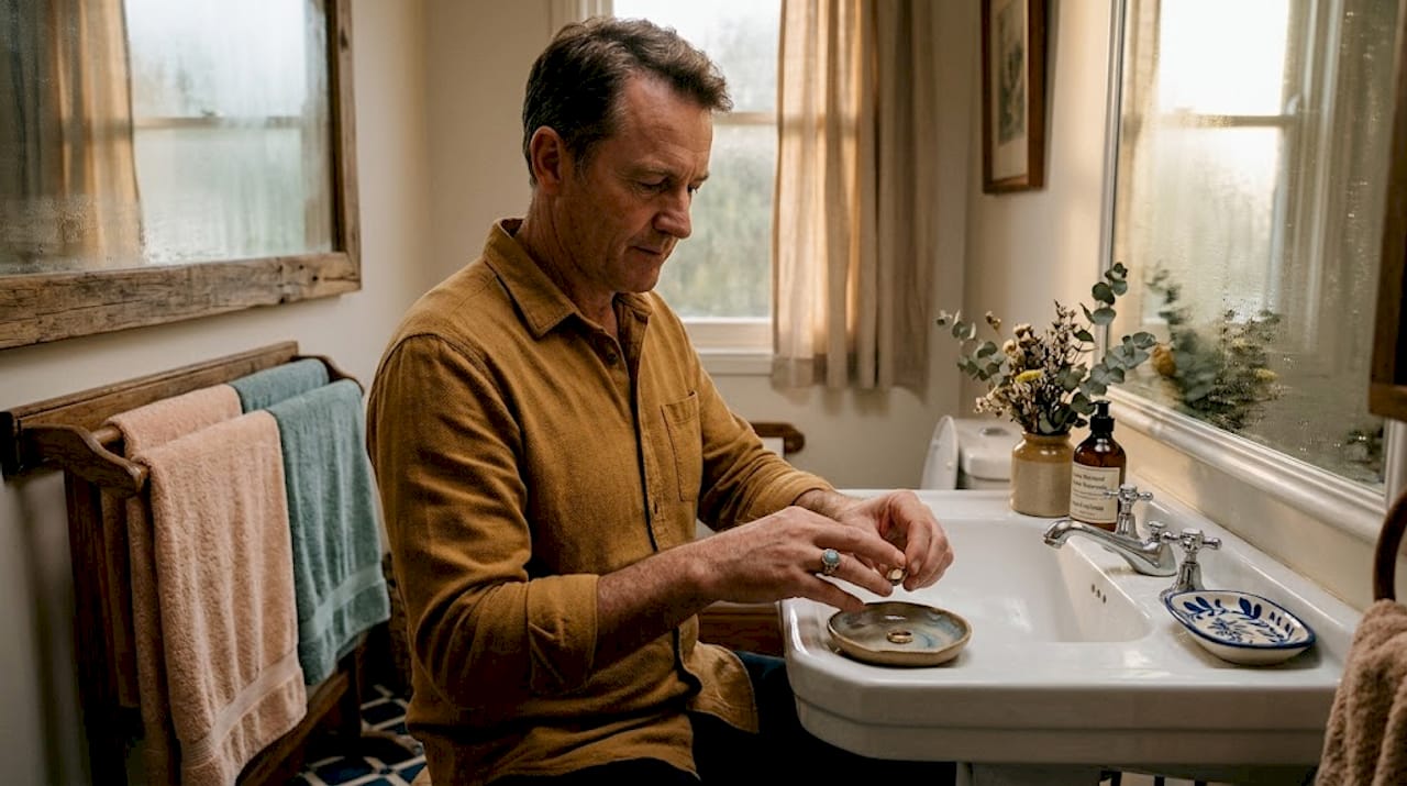 Un homme retire sa bague en opale devant le lavabo de la salle de bain.