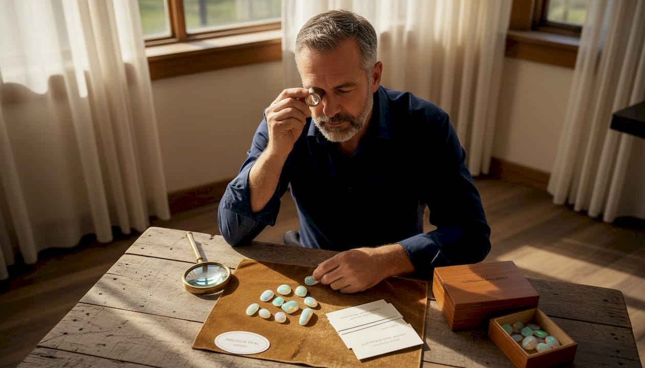Gemologist studying opals in studio