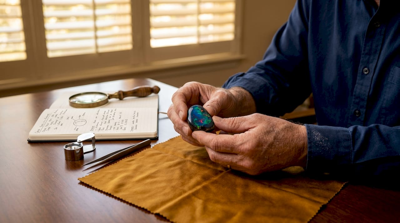 Collector inspecting black opal’s vibrant color