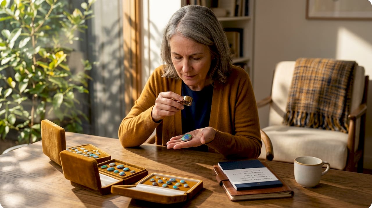 Gemologist examining opals at sunlit home table