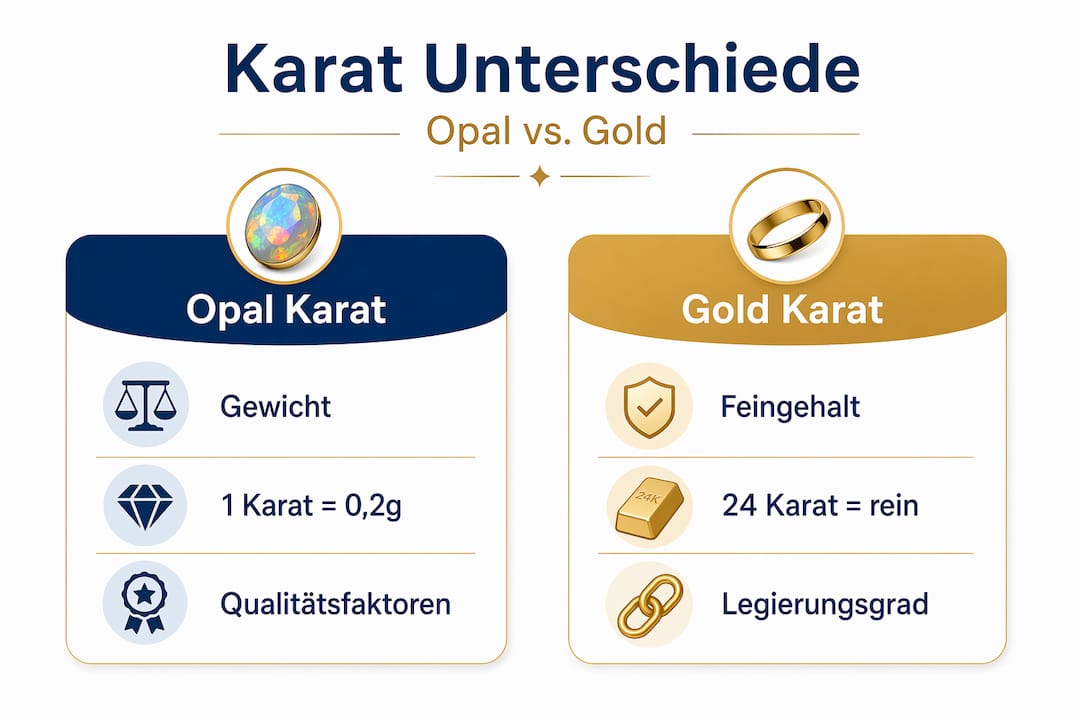 In dieser Infografik werden die Bedeutungen von Opal und Goldkarat anschaulich gegenübergestellt.
