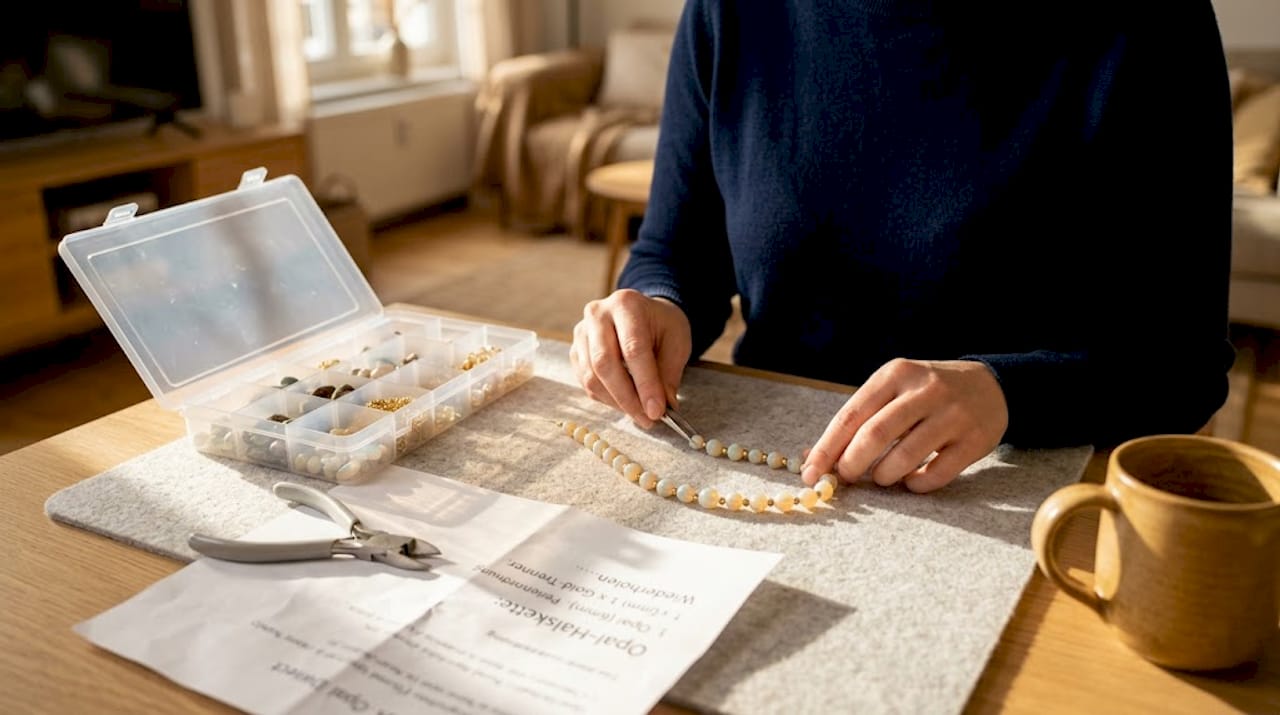 Mit geschickten Händen werden Opal- und Goldperlen zu einzigartigen Schmuckstücken arrangiert.