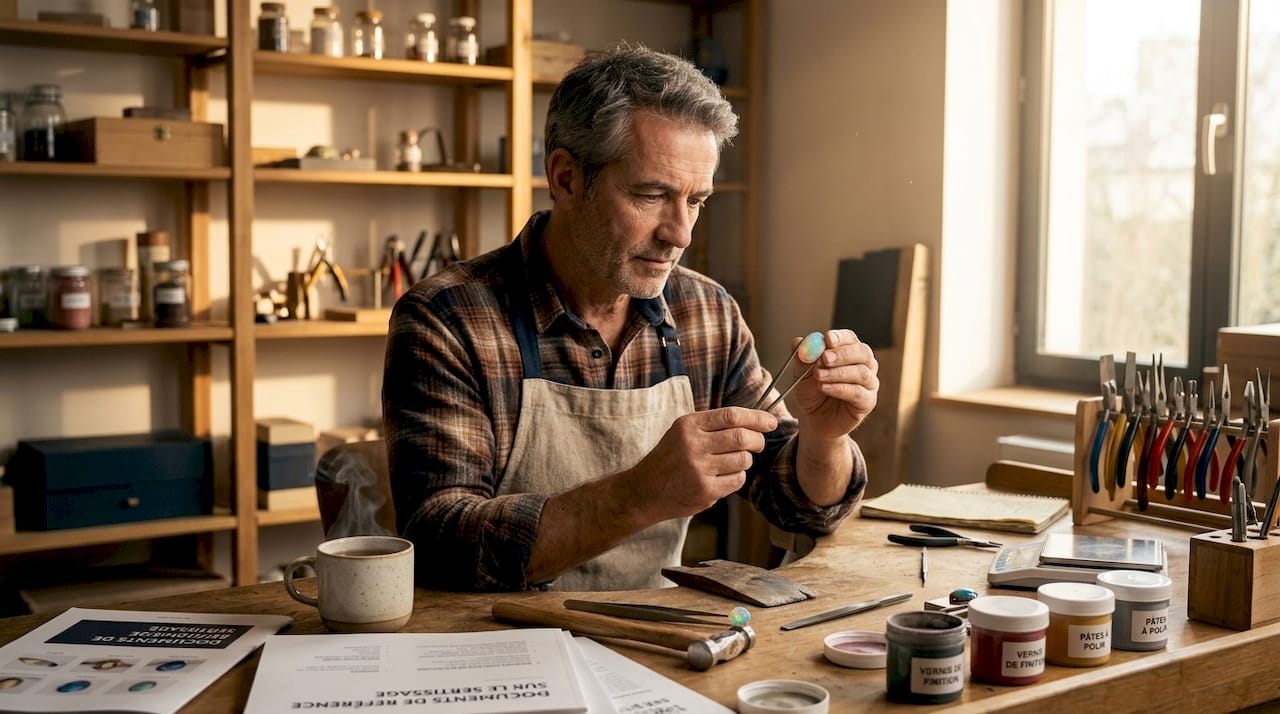Un joaillier chevronné examine attentivement une opale dans son atelier.