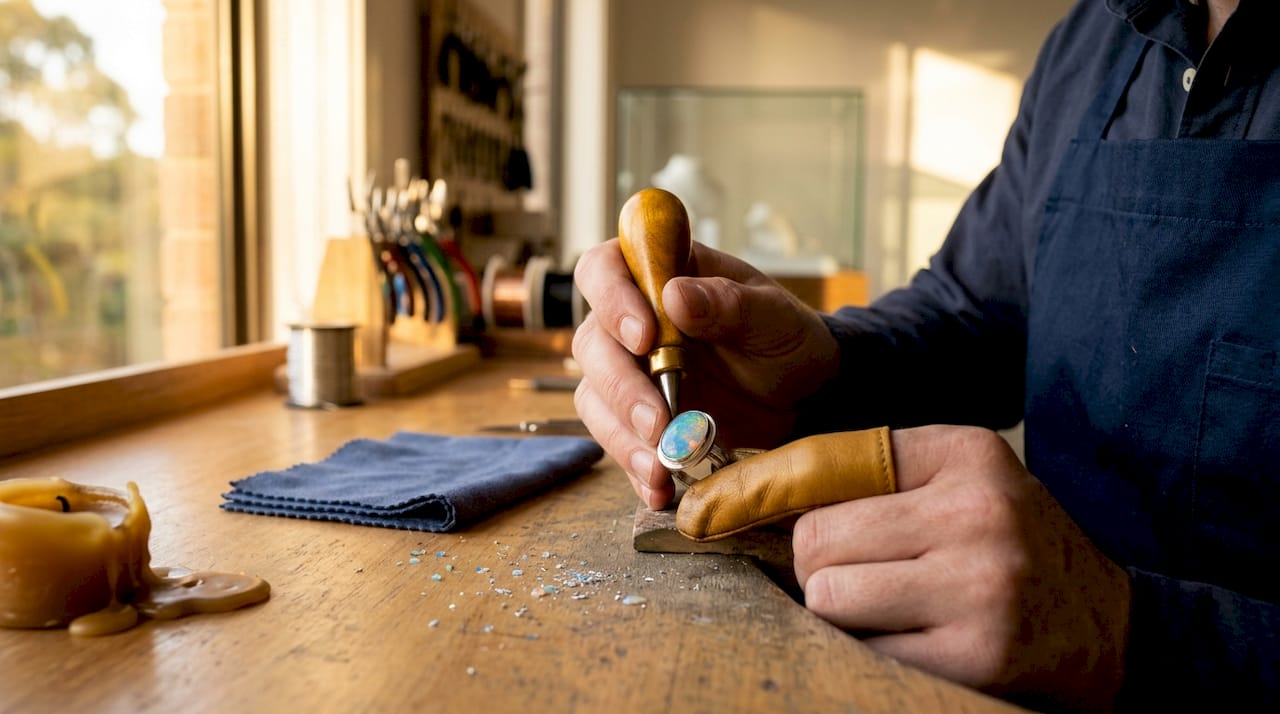 Une main en train de sertir une opale en clos sur une bague.