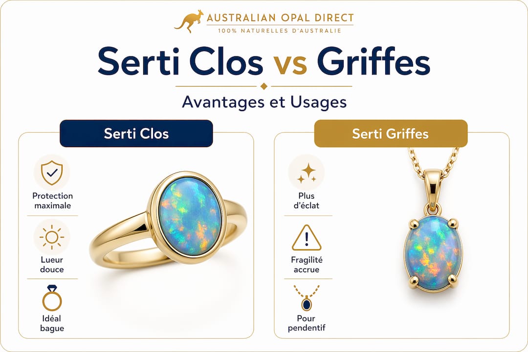 Découvrez une infographie mettant en lumière les différences entre le serti clos et le serti à griffes sur une opale.