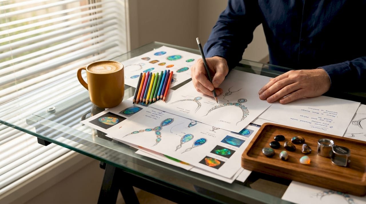 Designer sketching opal jewelry ideas