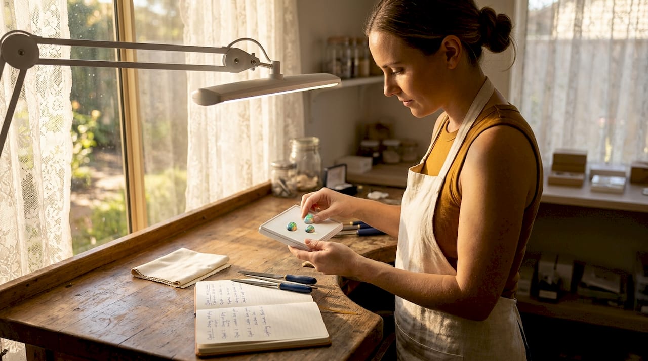 Jeweler inspecting opals at workbench