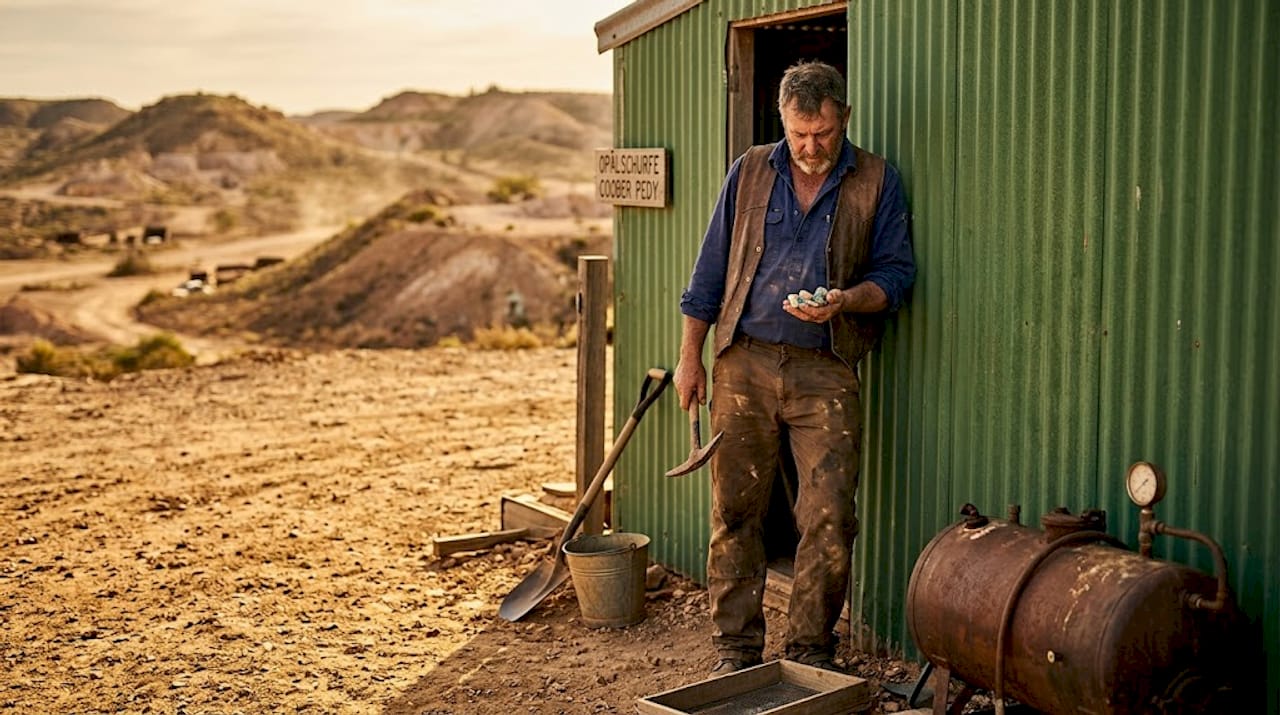 Ein Edelsteinsucher begutachtet am Fundort rohe Opale direkt aus der Mine.