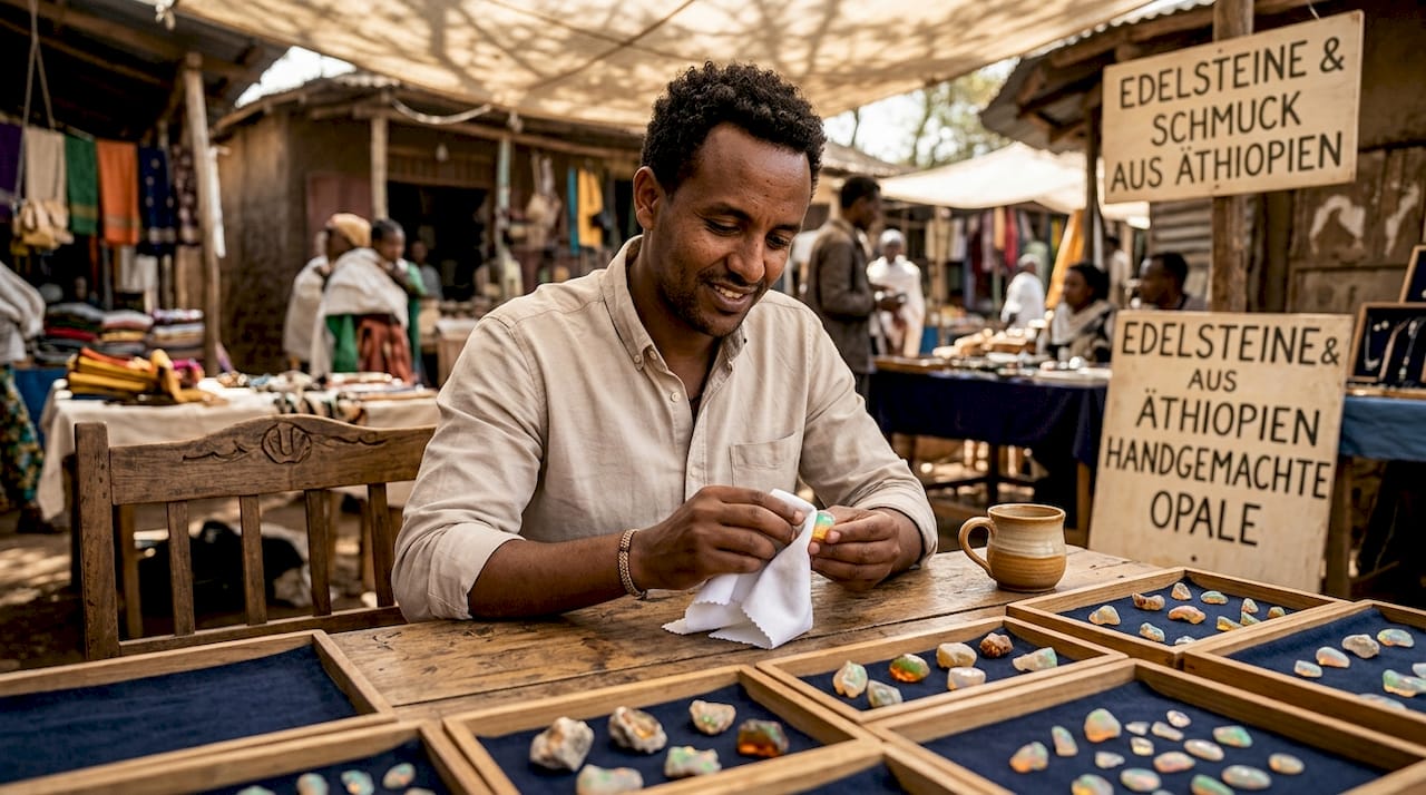 Ein Händler auf dem Markt in Äthiopien bringt einen Opal mit viel Fingerspitzengefühl zum Glänzen.