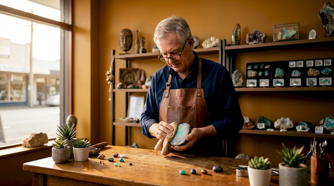 Jeweler polishing opal in heritage shop
