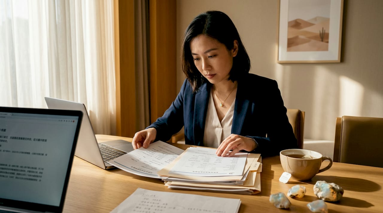 珠宝行业专业人士正在认真审核道德采购相关文件，确保每一件珠宝的来源都符合伦理标准。