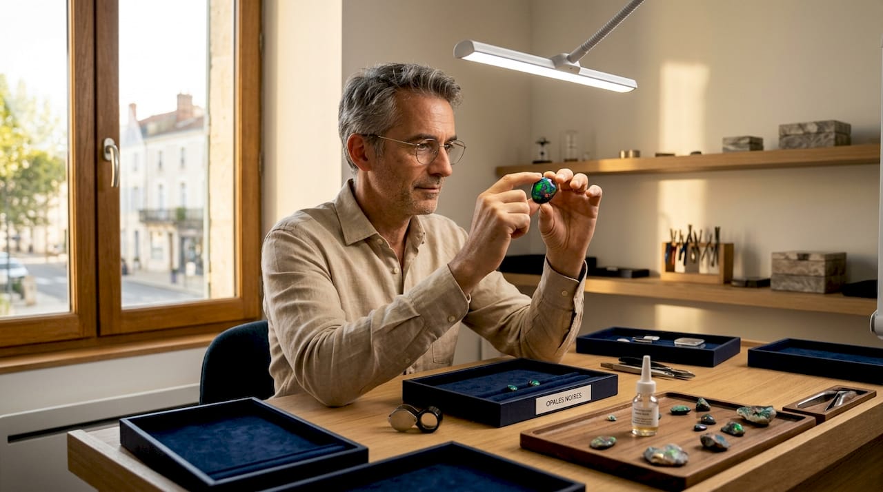 Un joaillier scrute attentivement une opale noire à la lumière d’une lampe, cherchant à en révéler toutes les subtilités.