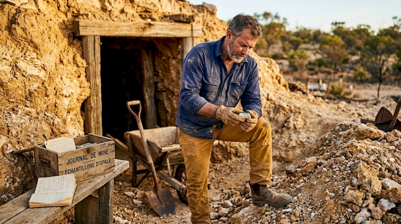 Un prospecteur australien examine attentivement une pierre d’opale noire, à la recherche de ses éclats et de sa rareté.