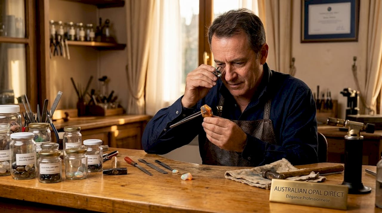 Un bijoutier artisan examine attentivement une opale, installé à son établi.