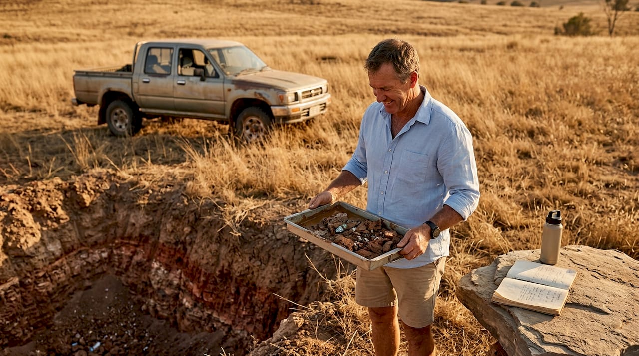 Ein Geologe begutachtet ein Opalfeld in Australien.