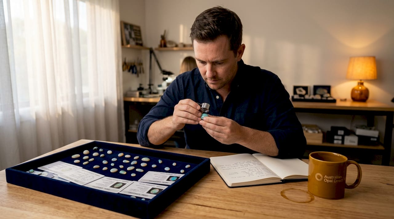 Gemologist inspects loose opal at desk