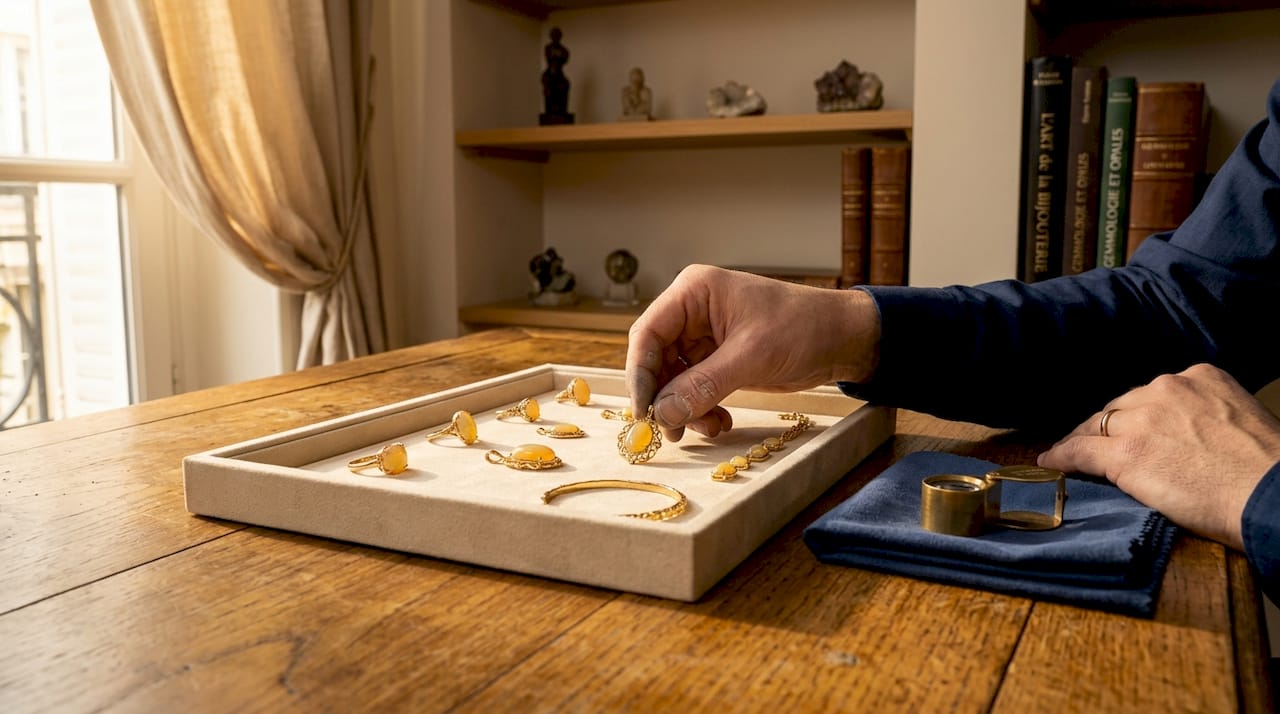 Des bijoux en or ornés d’opale jaune délicatement présentés sur un plateau de joaillier.