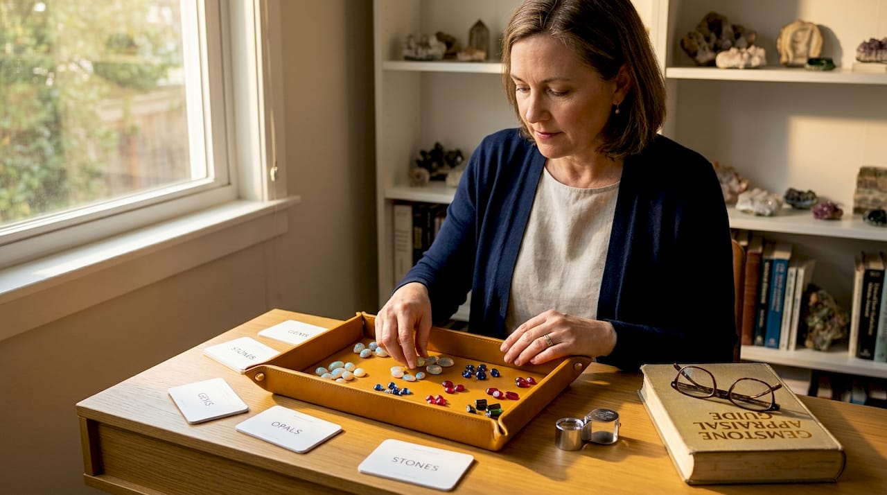 Gemstone collector examining gems at desk