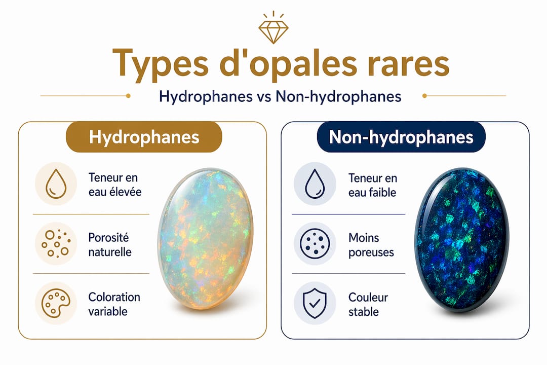 Infographie : les différences entre opales hydrophanes et opales non hydrophanes