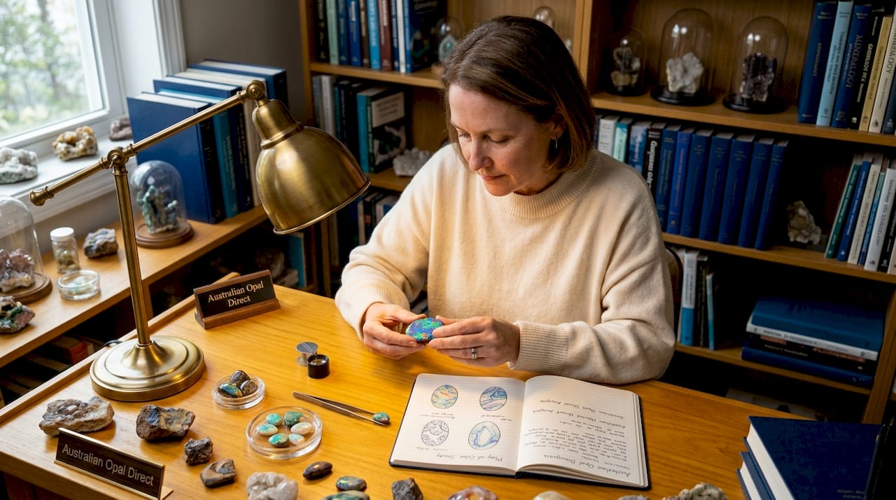 Gemologist examining opal color shift at desk