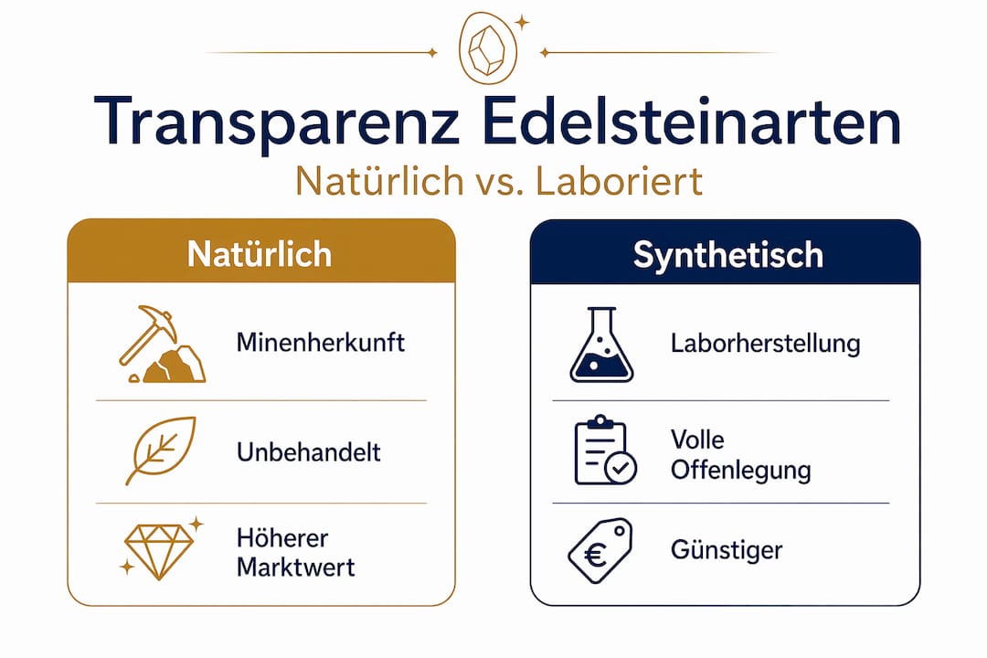 In dieser Infografik werden natürliche und künstlich hergestellte Edelsteine gegenübergestellt.