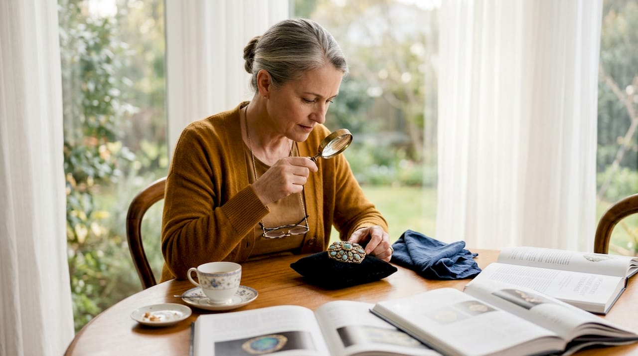 Historian examining antique opal brooch at home