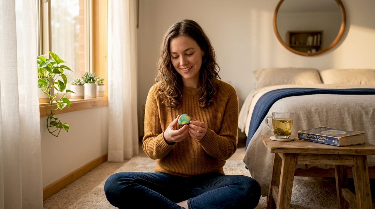 Woman meditating with opal in sunlight