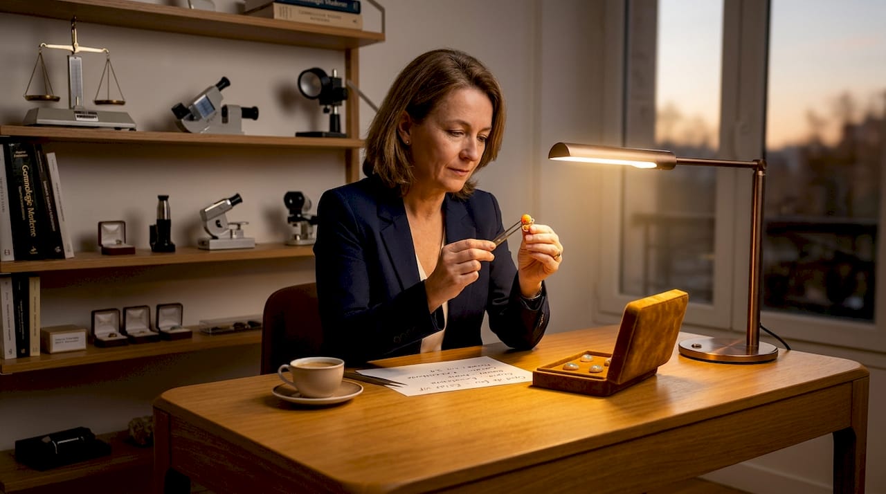 Un gemmologue examine et évalue une bague sertie d'une opale de feu.