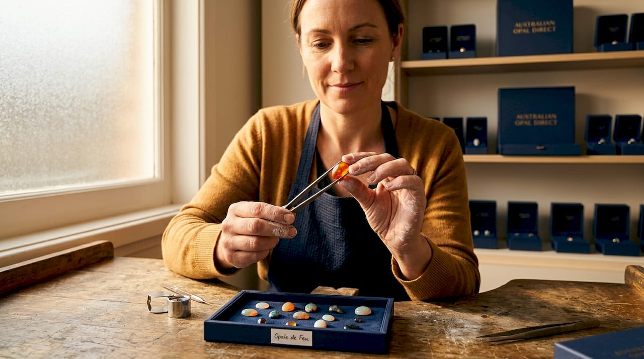 Un joaillier examine la transparence d’une opale de feu à la lumière, afin d’en apprécier toute la pureté et les reflets uniques.