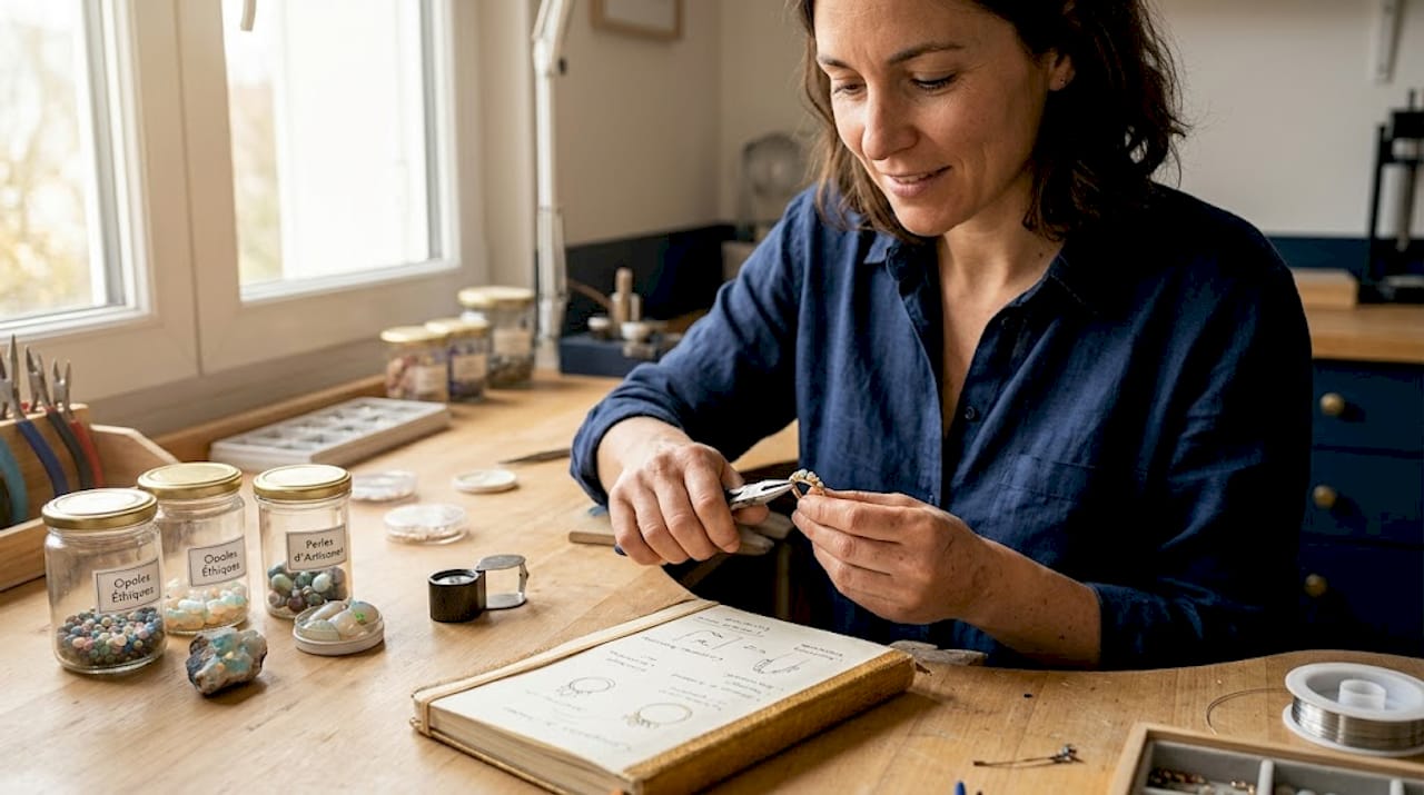 Un créateur de bijoux en pleine confection, concentré sur son établi débordant d’outils et de matériaux.