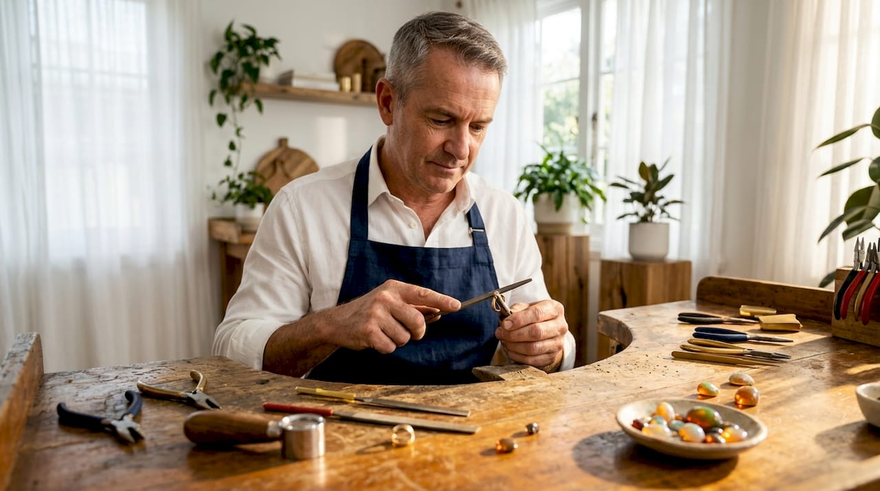 Artisan jeweler working at studio bench