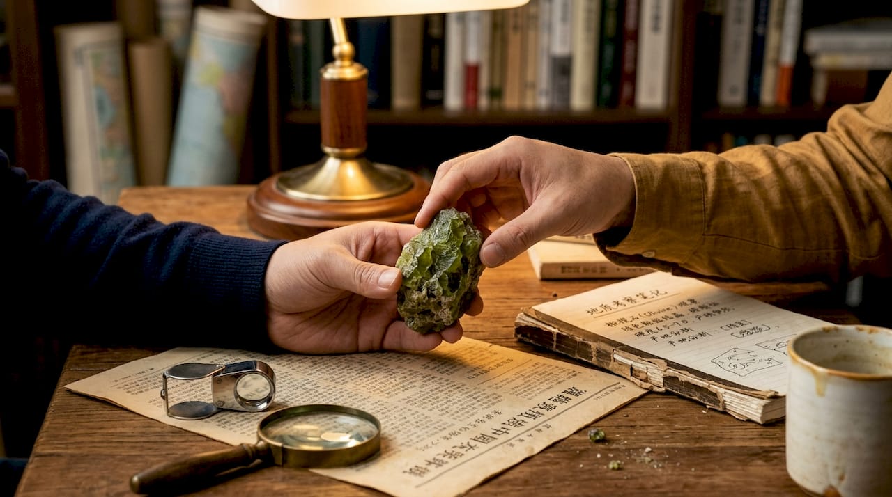 一双手正在仔细观察一块小型矿石标本。
