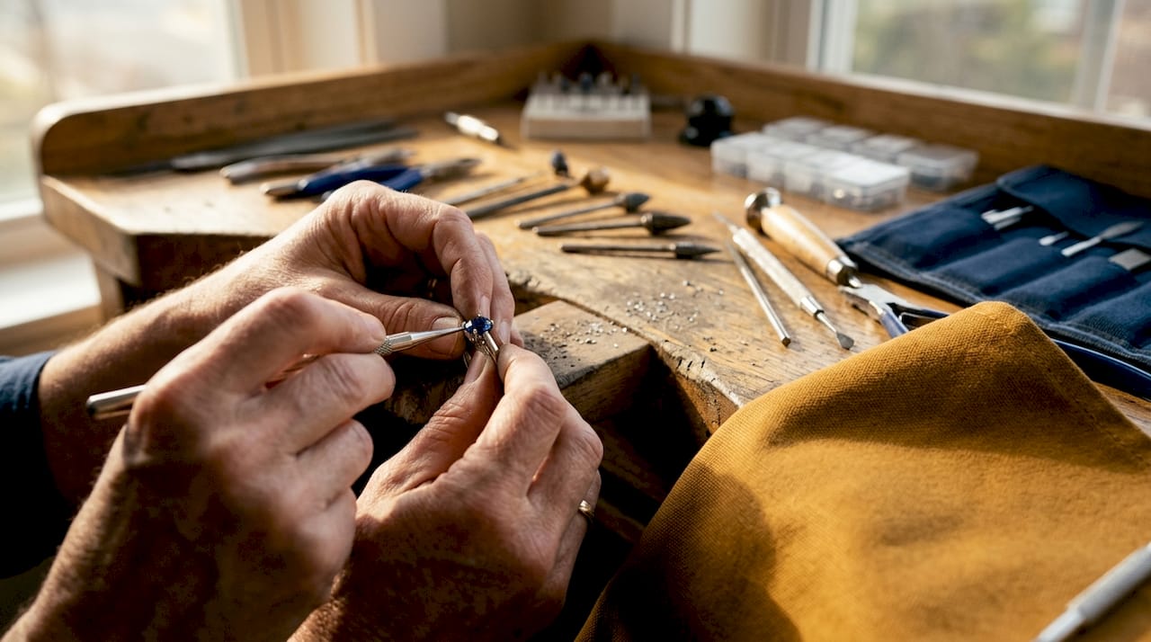 Jeweler adjusting gemstone ring prongs