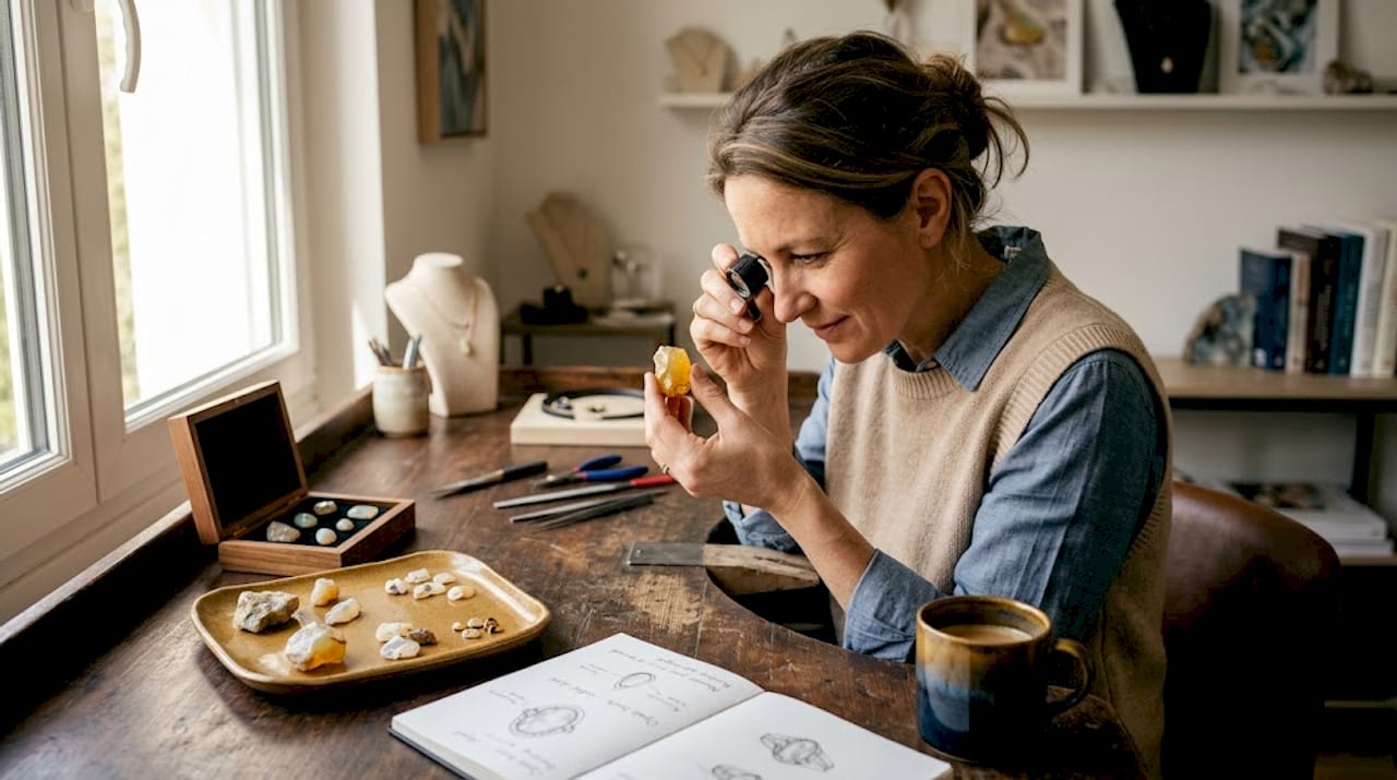 Un expert en gemmologie en train d'observer attentivement une opale jaune naturelle.