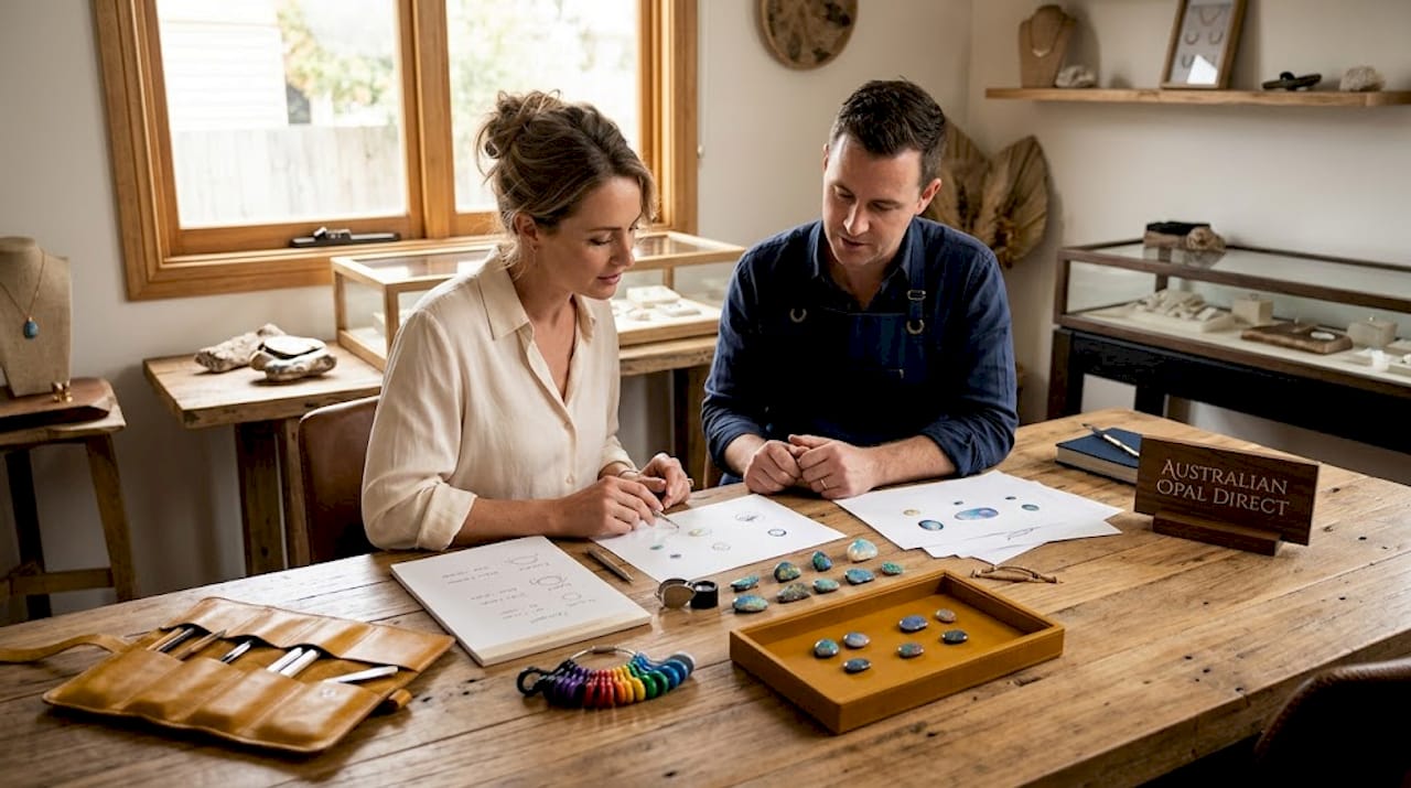 Jeweler and client review opal brief in workspace