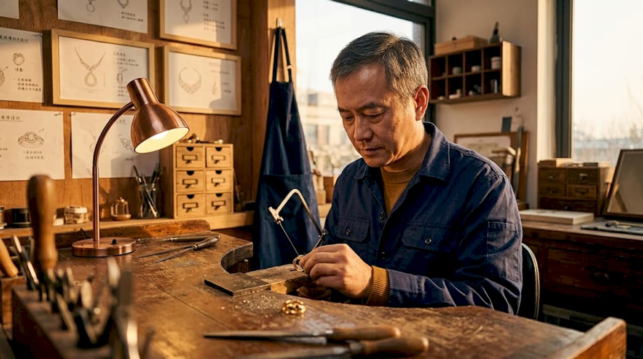 在传统金匠的工作坊里,匠人正用精湛的手艺打造金戒指,每一道工序都凝聚着岁月的技艺与匠心。