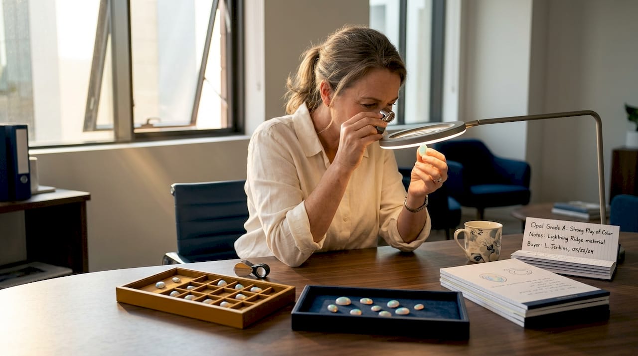 Buyer inspecting opal gems in home office