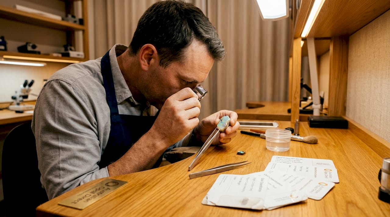Gemologist checking opal stone for imperfections