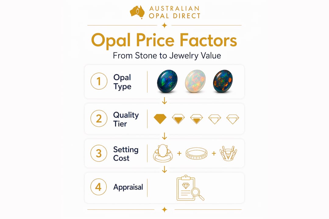 Infographic illustrating opal price factors in jewelry
