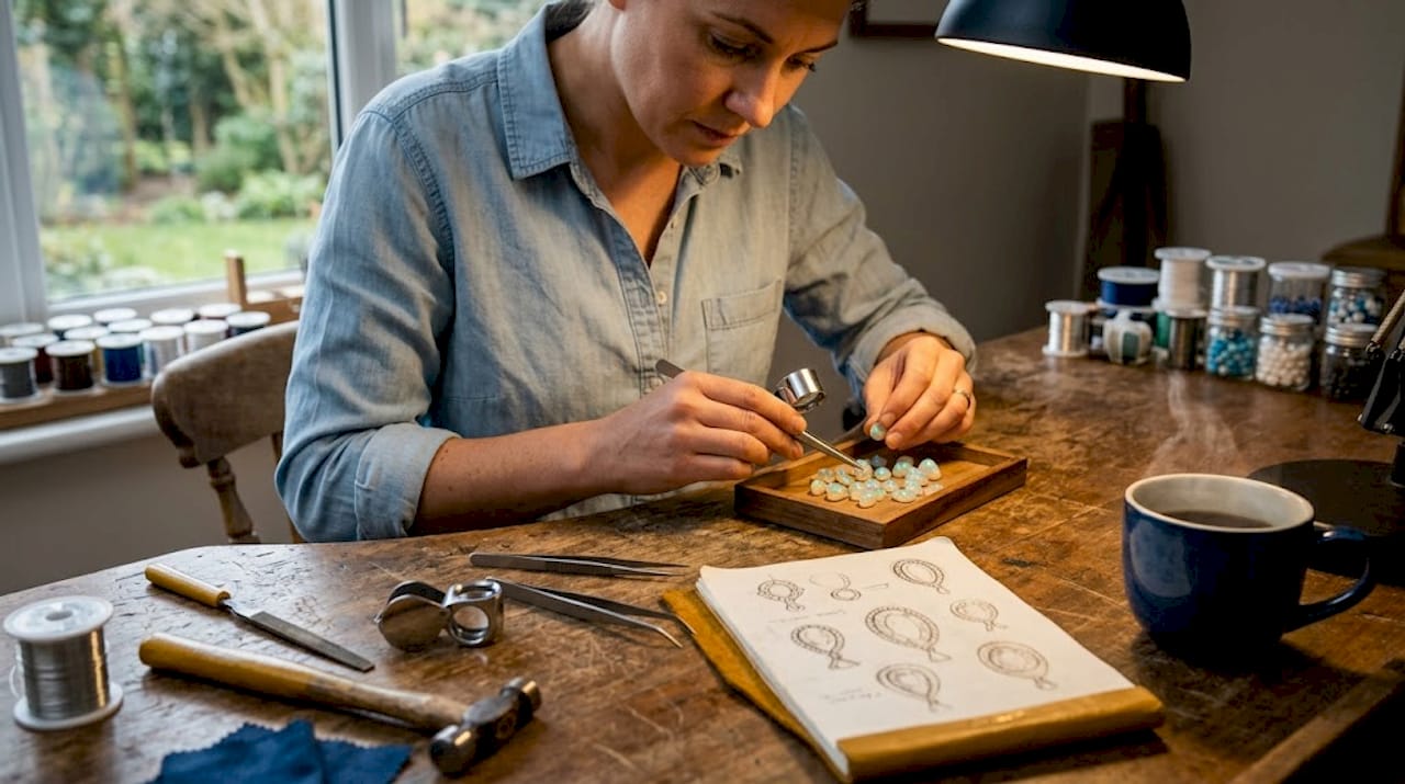 Jewelry maker examining opals at workbench